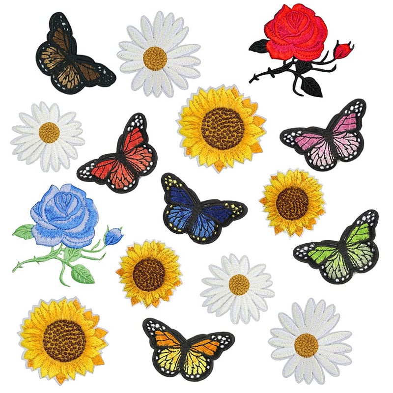 16 pcs Daisy Flower Butterfly IronSew on Patches Rose Sunflower Embroidery DIY Patches for Backpacks Clothing Jeans Jackets Dress