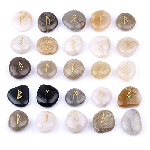 TGS Gems Rune Stones Set with Engraved Elder Futhark Alphabet and Velvet Pouch - Image 1