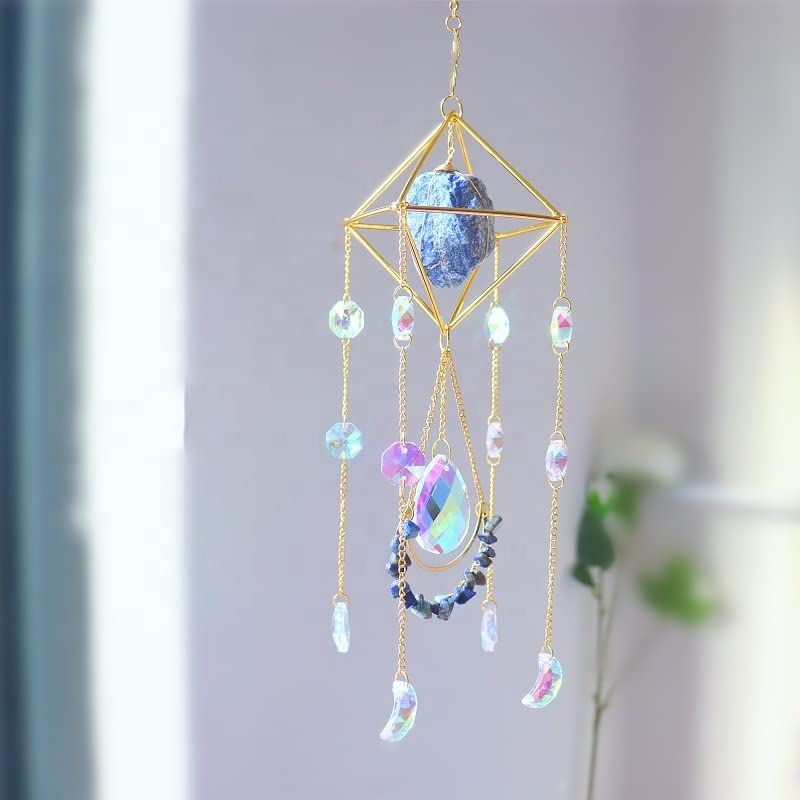 Pozbee Crystal Suncatcher Lapis Lazuli Blue Sun Catcher Hanging Decor Blue Lazurite Crystal Window Hanging Gemstone Prism Boho Chic Decor Raw Natural Stone Lazurite 