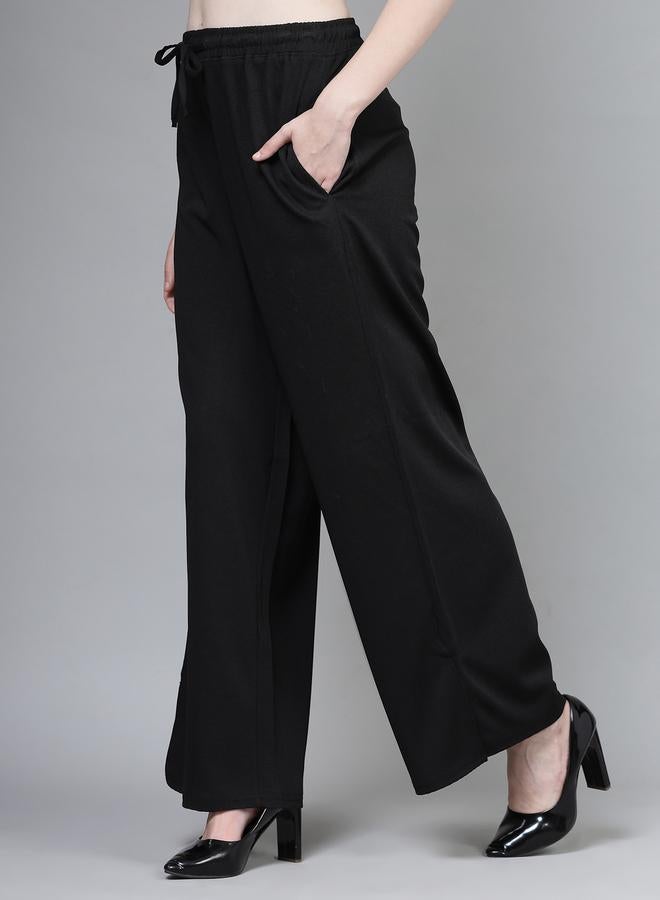 PAUSE PAUSE Women Black Solid Drawstring Waist Wide Leg Pants - Image 2