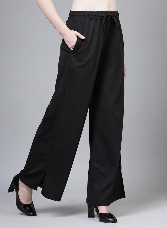 PAUSE PAUSE Women Black Solid Drawstring Waist Wide Leg Pants - Image 3
