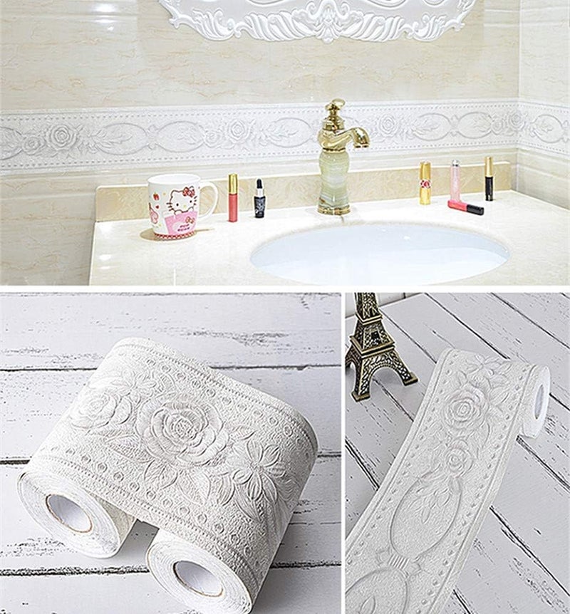 UPREDO 3D Decorative Floral Molding Waterproof Wallpaper Border Peel and Stick for Bathroom Kitchen Counter Top Backsplash Tiles Sticker,4 Inch by 16.4Ft (Cream White) - Image 2