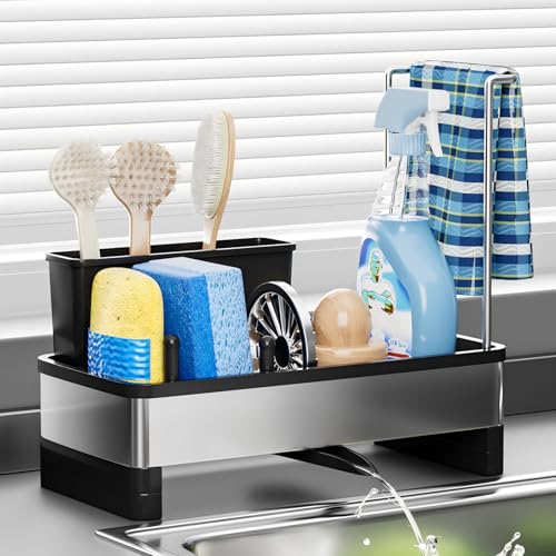Ewaiira Stainless Steel Sink Caddy Sponge Holder for Kitchen Sink with Brush Holder and Towel Rack Sink Organizer for Countertop Soap Dispenser Kitchen Organizers Storage Essentials ABlack - Image 1