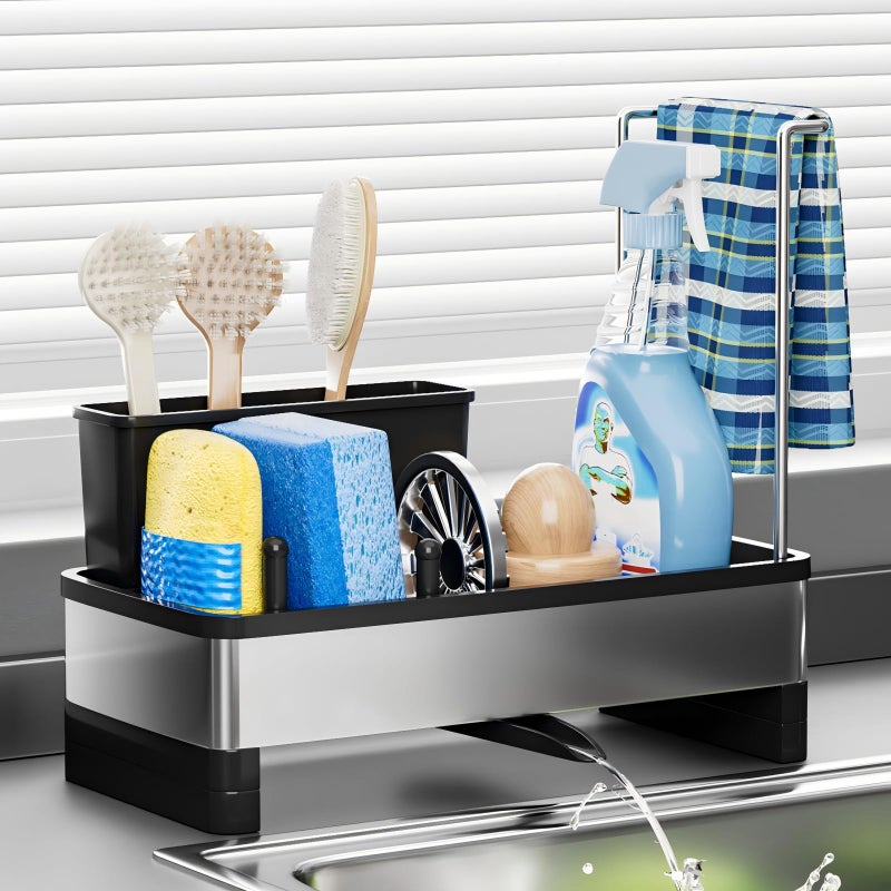 Ewaiira Stainless Steel Sink Caddy Sponge Holder for Kitchen Sink with Brush Holder and Towel Rack Sink Organizer for Countertop Soap Dispenser Kitchen Organizers Storage Essentials ABlack - Image 2