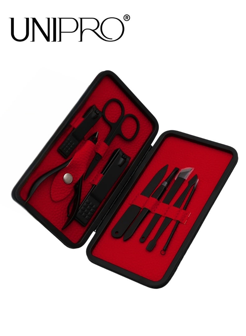 UNIPRO 9-Piece Nail Care Kit – Professional Manicure & Pedicure Set with Black Matte Tools in Red Case - Image 3
