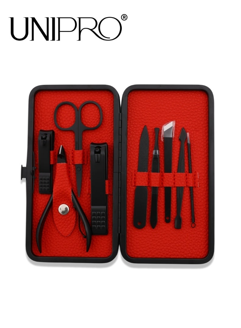 UNIPRO 9-Piece Nail Care Kit – Professional Manicure & Pedicure Set with Black Matte Tools in Red Case - Image 1