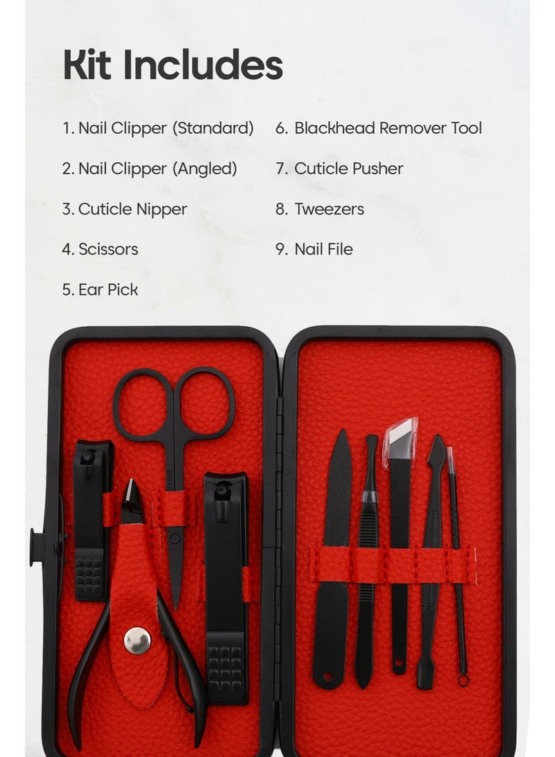 UNIPRO 9-Piece Nail Care Kit – Professional Manicure & Pedicure Set with Black Matte Tools in Red Case - Image 2