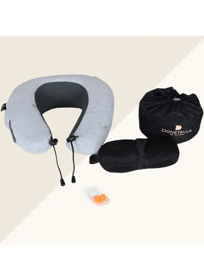 Donetella Travel Pillow: 1-Piece Memory Foam Neck Pillow, Light Weight, Comfortable Suitable For Airplane Travel and Gifting With Ear Plugs, Eye Mask, And Luxury Mesh Bag Grey