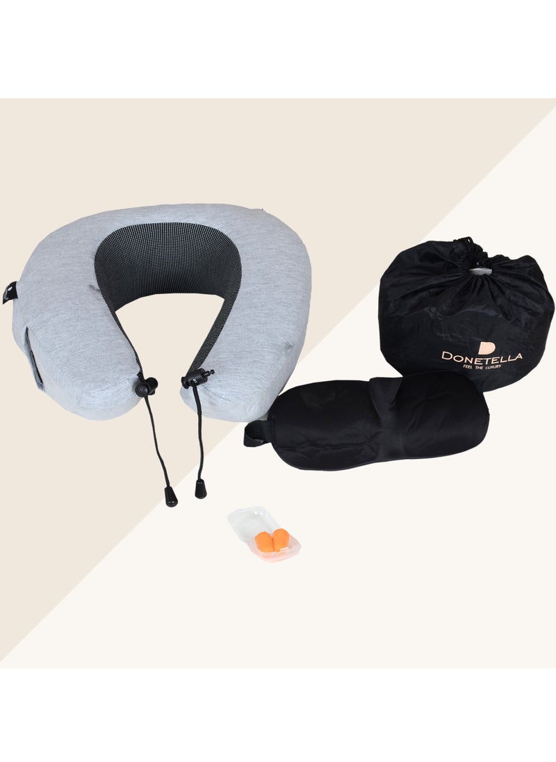 Donetella - Travel Pillow: 1-Piece Memory Foam Neck Pillow, Light Weight, Comfortable Suitable For Airplane Travel and Gifting With Ear Plugs, Eye Mask, And Luxury Mesh Bag Grey - Image 1