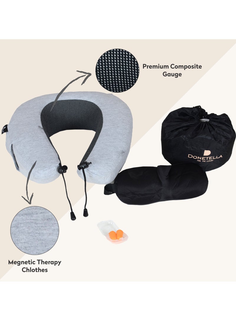 Donetella - Travel Pillow: 1-Piece Memory Foam Neck Pillow, Light Weight, Comfortable Suitable For Airplane Travel and Gifting With Ear Plugs, Eye Mask, And Luxury Mesh Bag Grey - Image 1