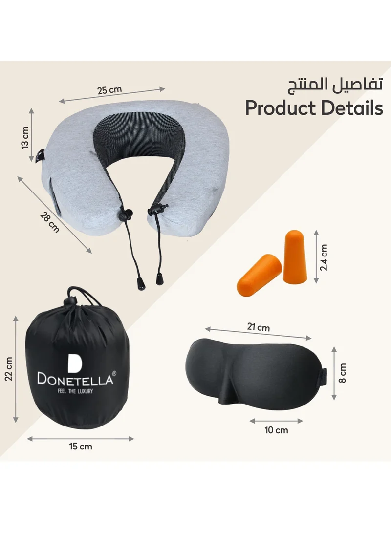 Donetella Travel Pillow: 1-Piece Memory Foam Neck Pillow, Light Weight, Comfortable Suitable For Airplane Travel and Gifting With Ear Plugs, Eye Mask, And Luxury Mesh Bag Grey