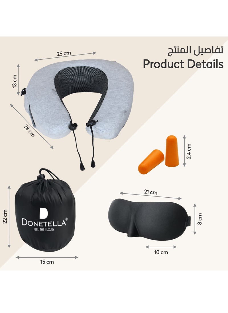 Donetella - Travel Pillow: 1-Piece Memory Foam Neck Pillow, Light Weight, Comfortable Suitable For Airplane Travel and Gifting With Ear Plugs, Eye Mask, And Luxury Mesh Bag Grey - Image 1