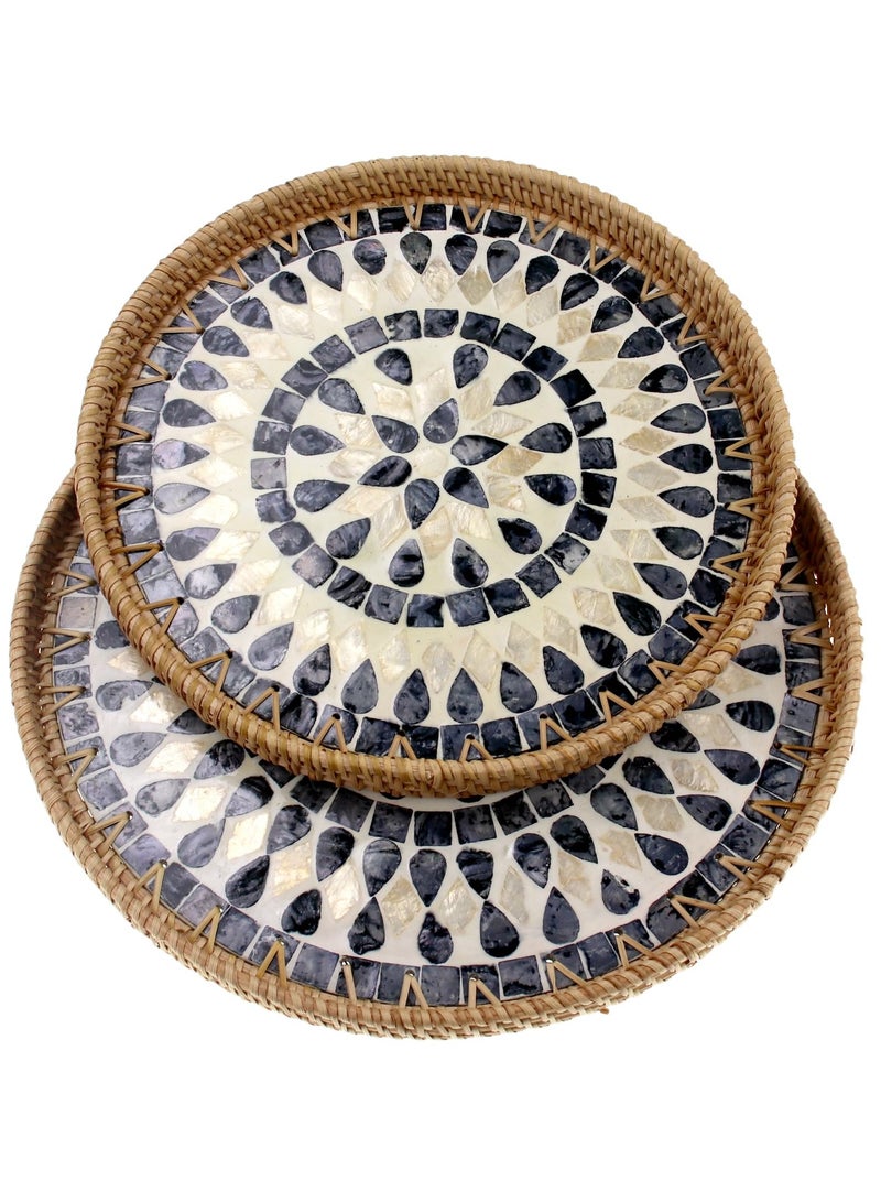 XiuWoo Set of 2 Sizes Round Rattan Serving Tray with Mother of Pearl Inlay, Handwoven Coffee Table Boho Decor Basket for Bread Fruit Food Kitchen Home Office Waterdrop Black,35cm+30cm  - Image 1