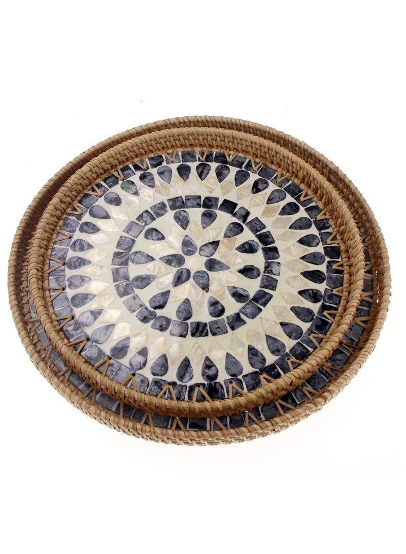 XiuWoo Set of 2 Sizes Round Rattan Serving Tray with Mother of Pearl Inlay, Handwoven Coffee Table Boho Decor Basket for Bread Fruit Food Kitchen Home Office Waterdrop Black,35cm+30cm  - Image 2