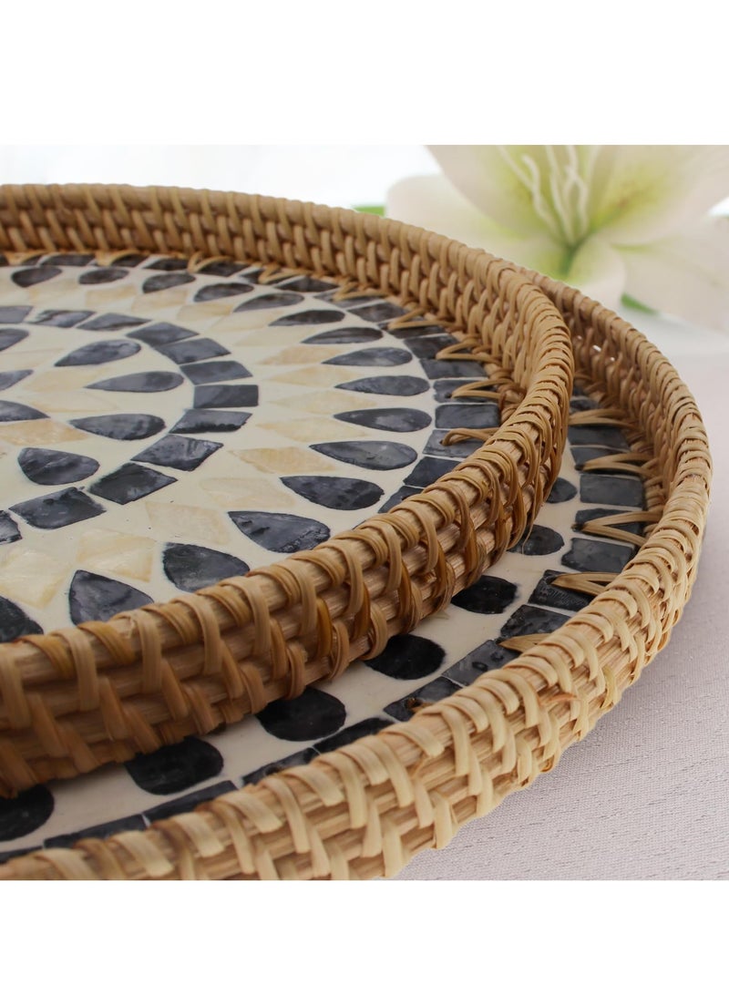 XiuWoo Set of 2 Sizes Round Rattan Serving Tray with Mother of Pearl Inlay, Handwoven Coffee Table Boho Decor Basket for Bread Fruit Food Kitchen Home Office Waterdrop Black,35cm+30cm  - Image 3