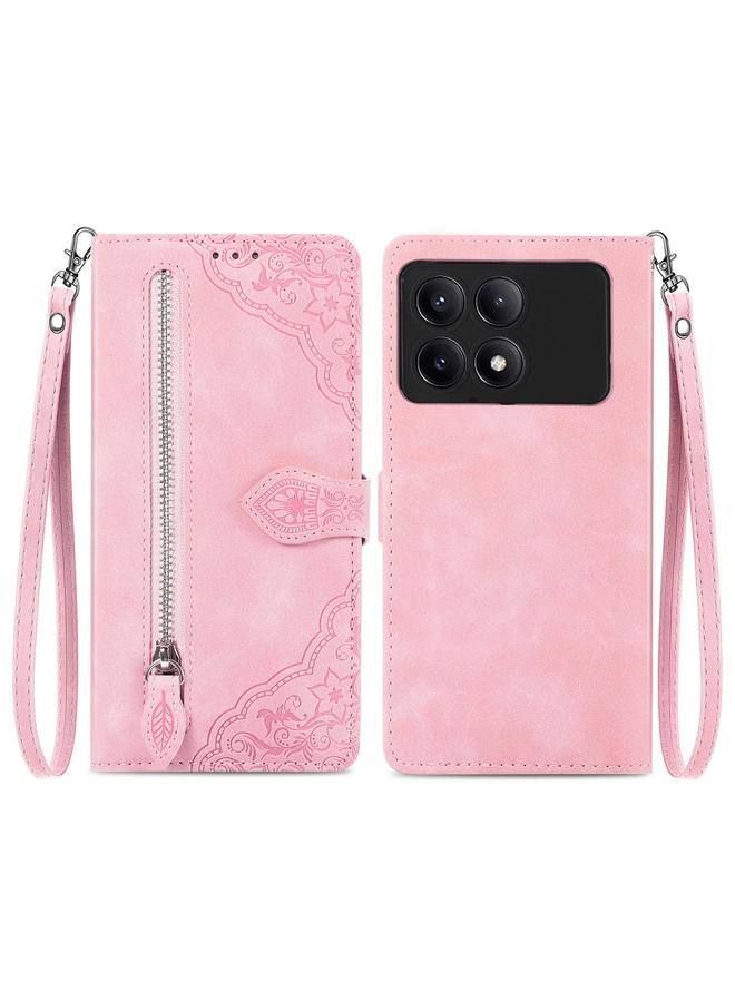 The Bros Case For Xiaomi Redmi K70E Embossed Flower Zipper Leather Phone Case