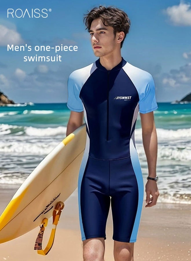 roaiss Men's One-Piece Swimsuit Set, Color-Blocked Printed Slim-Fit Short-Sleeved Zipper Placket Swim Shirt and Shorts, Stretchy Quick-Drying Sun-Protective Swimwear Set for Swimming, Diving Surfing Beach Sea Fishing, Blue - Image 3