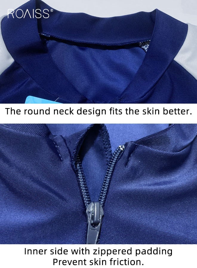 roaiss Men's One-Piece Swimsuit Set, Color-Blocked Printed Slim-Fit Short-Sleeved Zipper Placket Swim Shirt and Shorts, Stretchy Quick-Drying Sun-Protective Swimwear Set for Swimming, Diving Surfing Beach Sea Fishing, Blue - Image 5