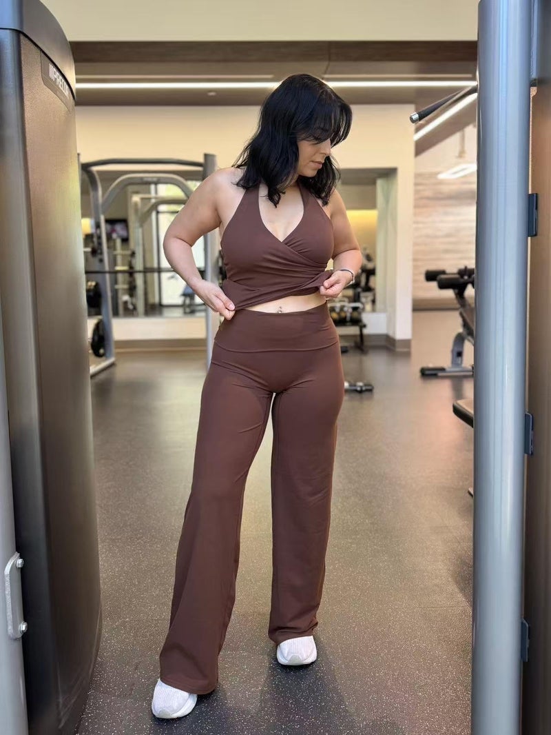 Aoxjox Women's Workout Athlenza Fold Over Waist Straight Leg Bottoms Lumastretchâ„¢ Gym Yoga Pants 31" (Brown, Small) - Image 3
