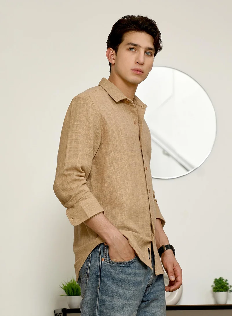 Campus Sutra Men's Beige Textured Full Sleeve Shirt