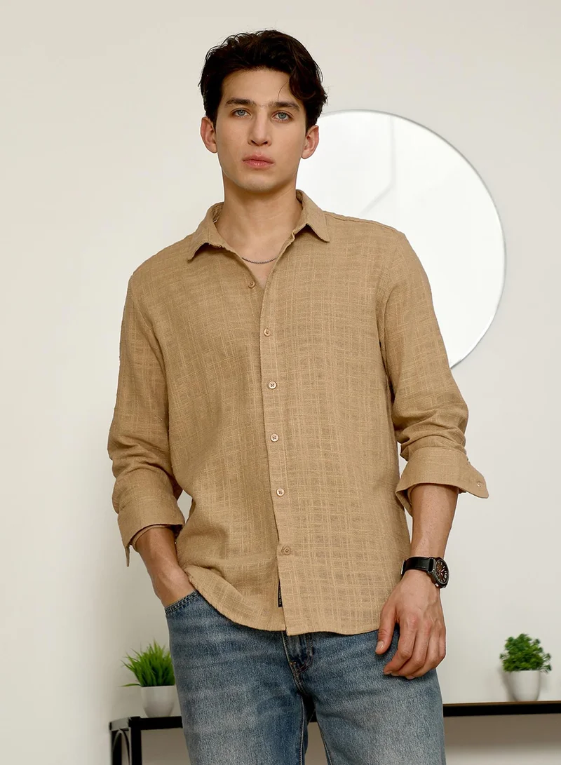 Campus Sutra Men's Beige Textured Full Sleeve Shirt