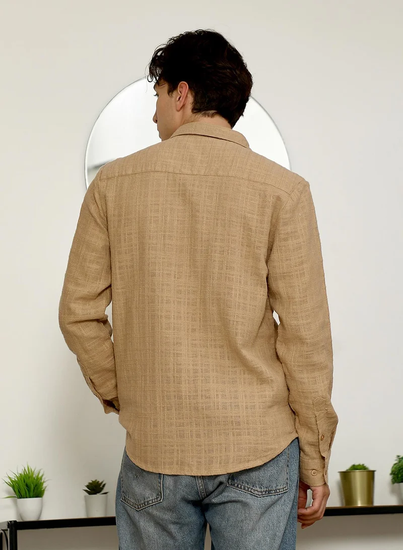 Campus Sutra Men's Beige Textured Full Sleeve Shirt