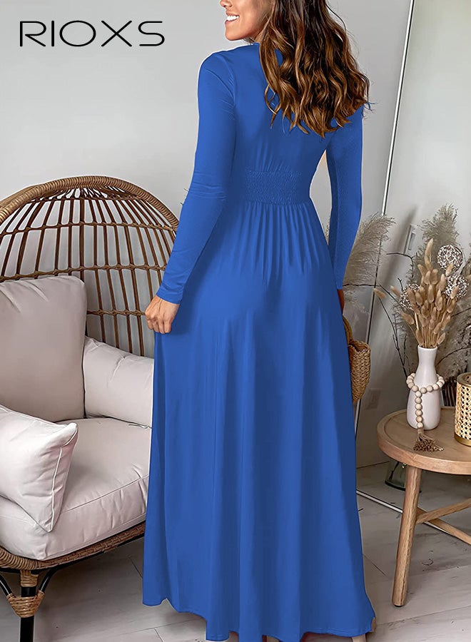 ريوكس فستان طويل بأكمام طويلة ورقبة على شكل V عميقة وشق، فستان سهرة أنيق بخصر عالٍ ومطوي وشق للسيدات، فستان رسمي طويل بلون موحد ومناسب لحفلات الزفاف وحفلات التخرج والحفلات الموسيقية والمهرجانات وحفلات العودة للوطن وغيرها، أزرق - Image 3