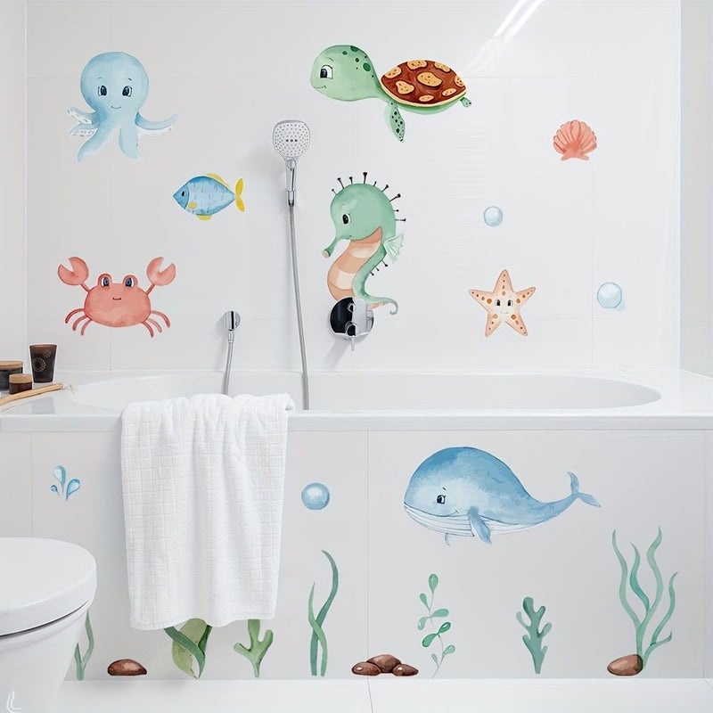 Self Adhesive Marine Animal Wall Decals Shiny Fish Sea Creatures for Rooms Bathroom Aquarium Decor HLSJ3090-2 - Image 1