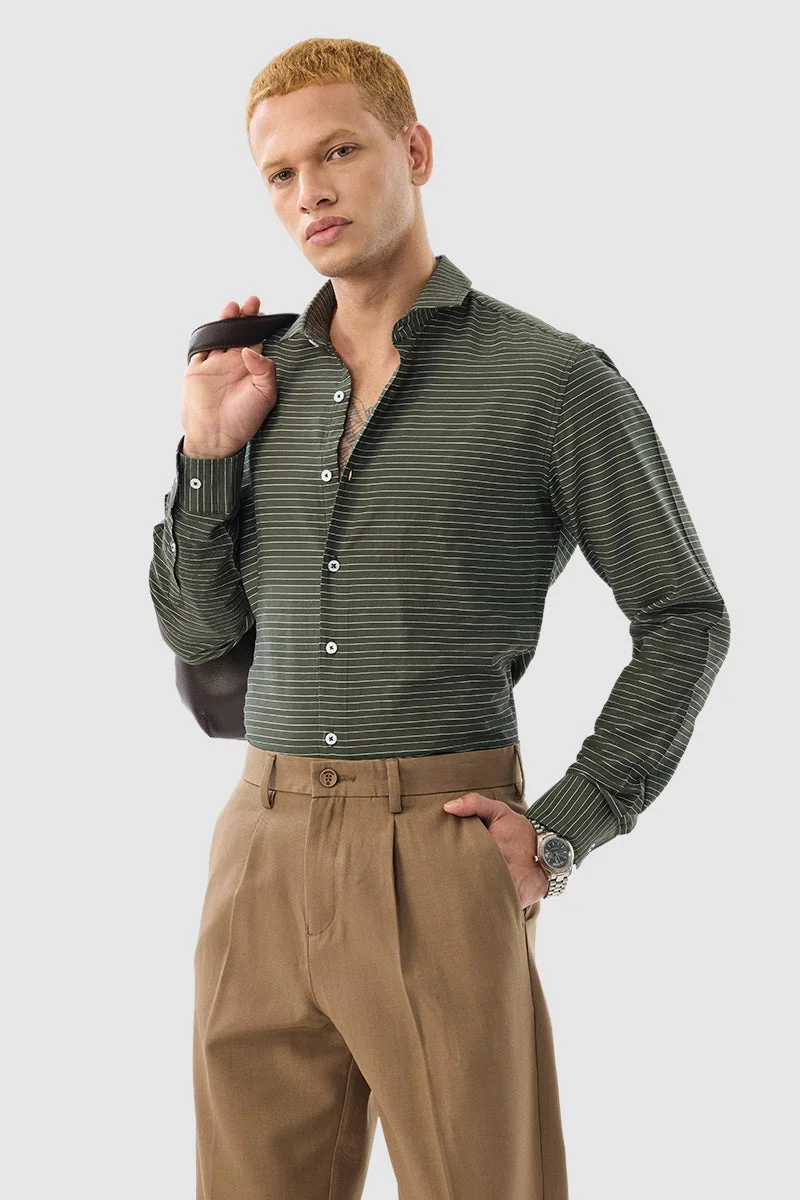 SNITCH Olive Green Stripes Slim Fit Shirt
