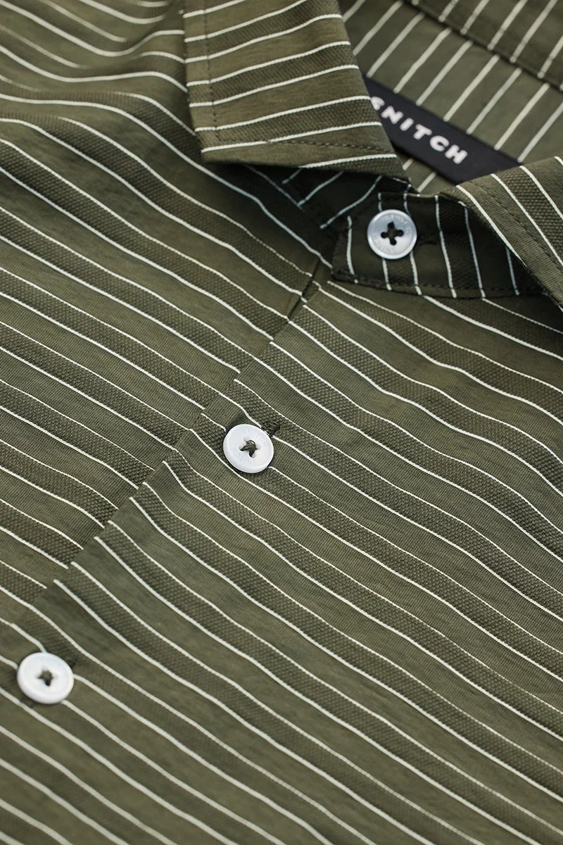 SNITCH Olive Green Stripes Slim Fit Shirt