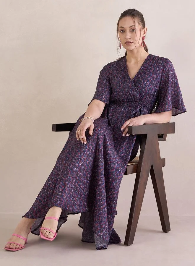 Femmella Floral Print V-Neck Wrap Maxi Dress with Tie-Up Belt by Styli