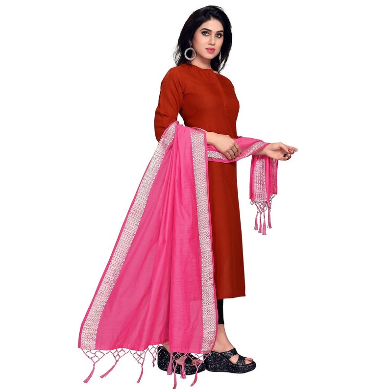 Sidhidata Women's Solid Cotton Dupatta in Pink with Silver Zari Border - Image 4