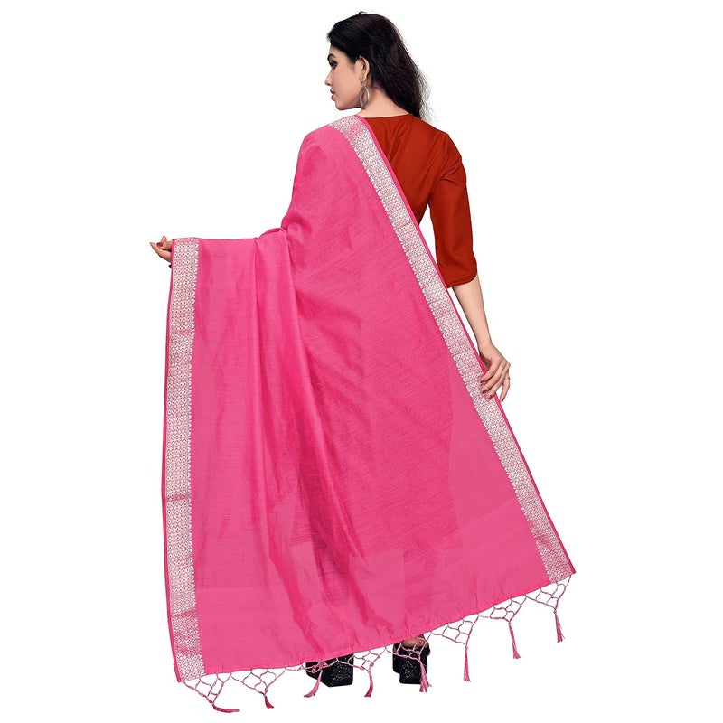 Sidhidata Women's Solid Cotton Dupatta in Pink with Silver Zari Border - Image 3