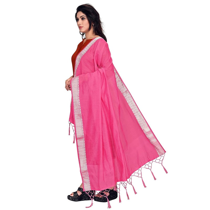 Sidhidata Women's Solid Cotton Dupatta in Pink with Silver Zari Border - Image 2