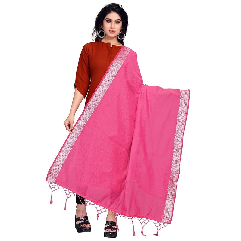 Sidhidata Women's Solid Cotton Dupatta in Pink with Silver Zari Border - Image 1