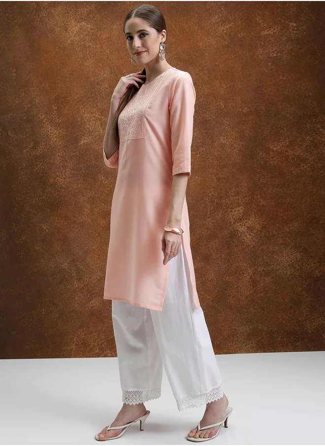 Vishudh Peach-Coloured Floral Yoke Design Embroidered Straight Kurta by Styli