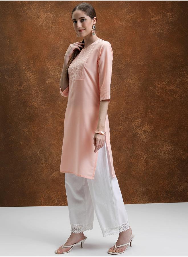 Vishudh Peach-Coloured Floral Yoke Design Embroidered Straight Kurta by Styli  - Image 2
