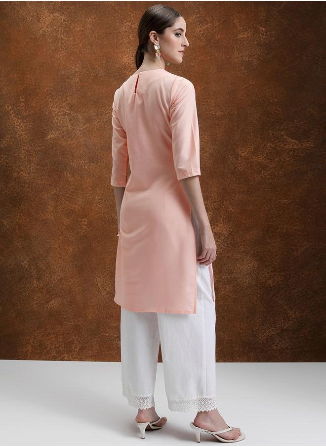 Vishudh Peach-Coloured Floral Yoke Design Embroidered Straight Kurta by Styli  - Image 3