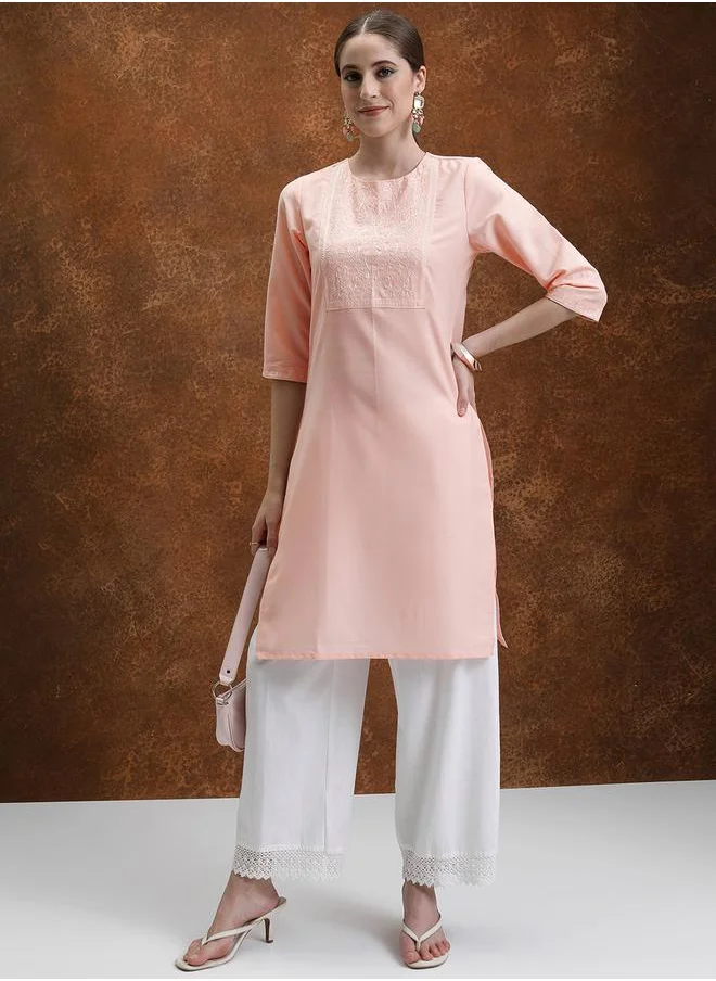 Vishudh Peach-Coloured Floral Yoke Design Embroidered Straight Kurta by Styli