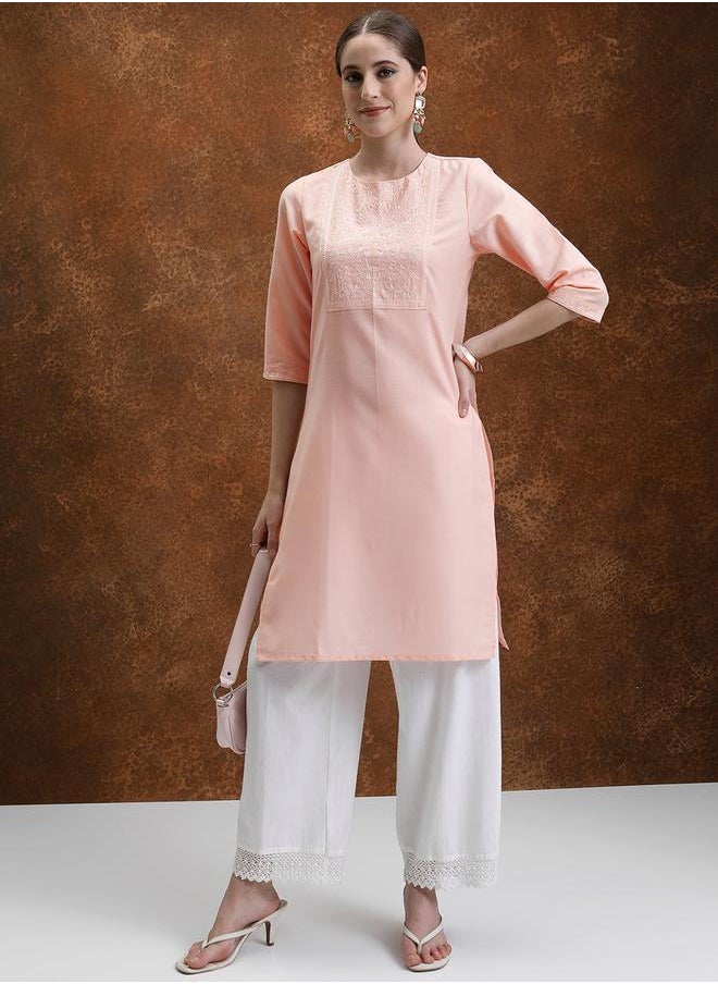Vishudh Peach-Coloured Floral Yoke Design Embroidered Straight Kurta by Styli  - Image 1