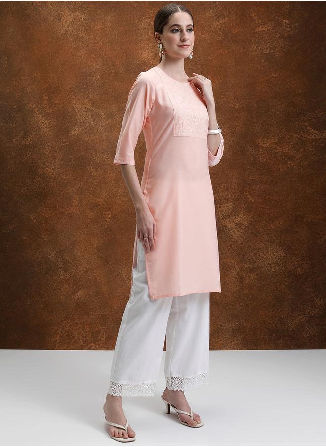 Vishudh Peach-Coloured Floral Yoke Design Embroidered Straight Kurta by Styli  - Image 4