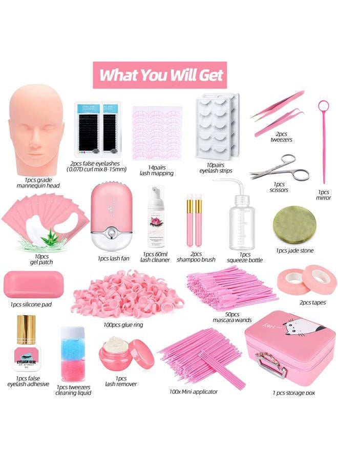 DNSGOOR Lash Extension Kit Professional Eyelash Grafting Training Tools Mannequin Head USB Fan Lash Shampoo 0.07D Curl Mix 8-15mm Glue Practice Eyelash Strips Lash Mapping,Exercise Set for Beginner - Image 2