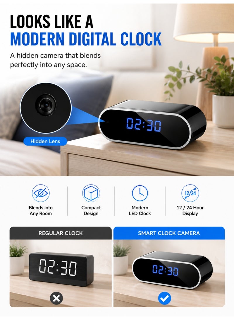 Eworld Smart Clock Camera, WiFi HD 1080P Mini Wireless IP Camera with LED Digital Clock, Night Vision, Motion Detection Alerts, Live Remote Viewing, Micro SD Card Support, Loop Recording, Indoor Home Security, Baby & Elderly Monitoring - Image 2