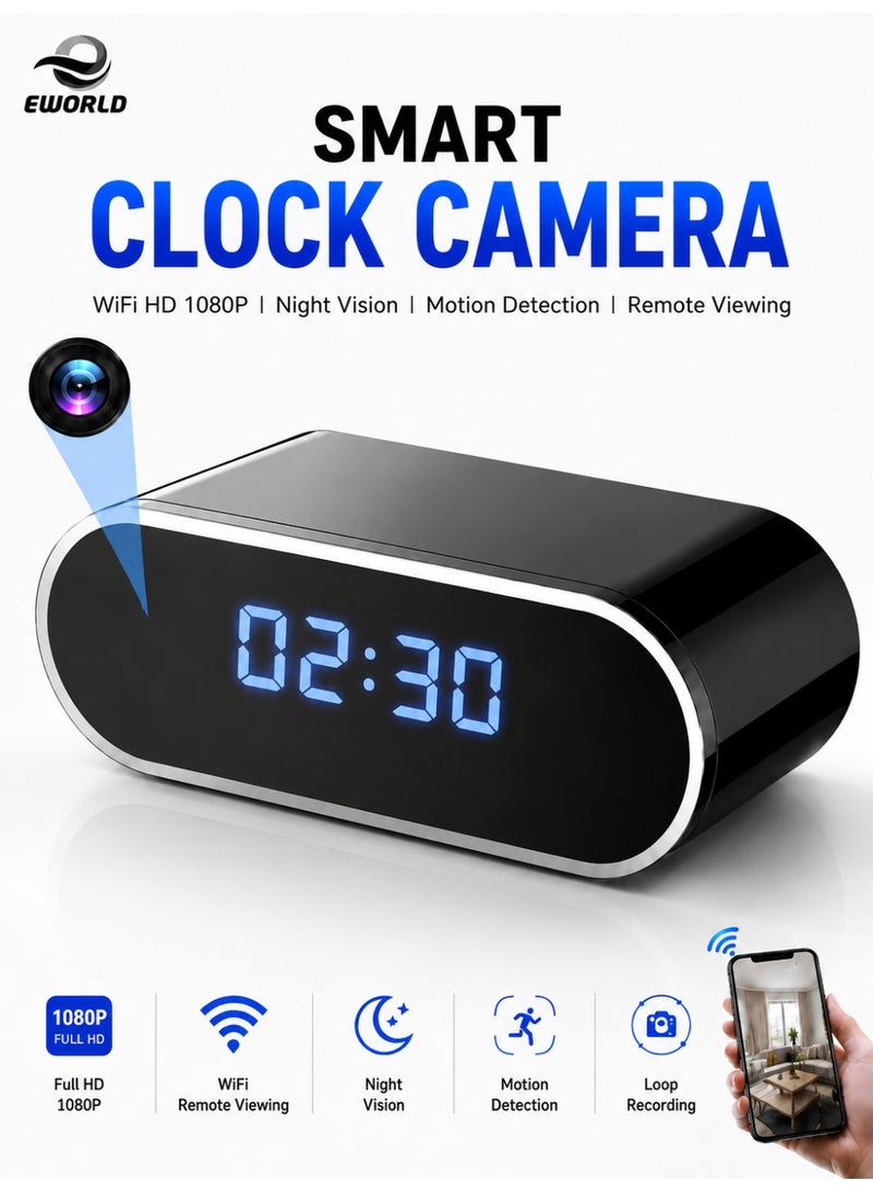 Eworld Smart Clock Camera, WiFi HD 1080P Mini Wireless IP Camera with LED Digital Clock, Night Vision, Motion Detection Alerts, Live Remote Viewing, Micro SD Card Support, Loop Recording, Indoor Home Security, Baby & Elderly Monitoring - Image 1