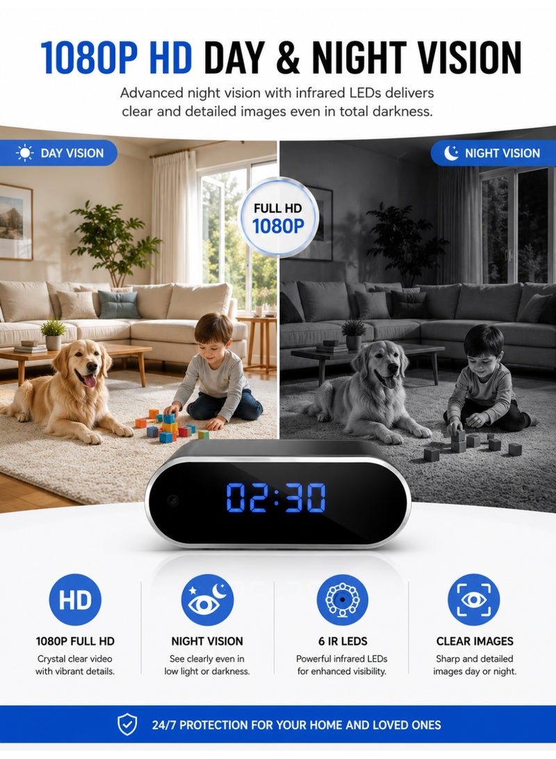 Eworld Smart Clock Camera, WiFi HD 1080P Mini Wireless IP Camera with LED Digital Clock, Night Vision, Motion Detection Alerts, Live Remote Viewing, Micro SD Card Support, Loop Recording, Indoor Home Security, Baby & Elderly Monitoring - Image 5