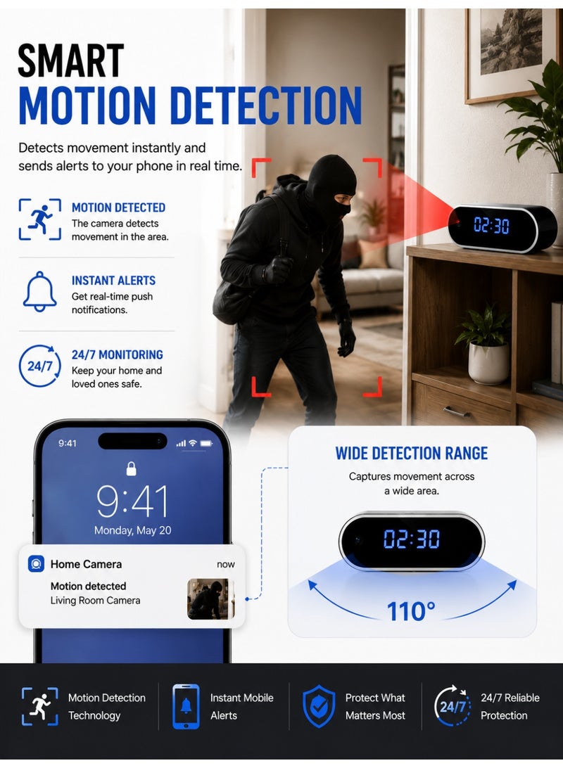 Eworld Smart Clock Camera, WiFi HD 1080P Mini Wireless IP Camera with LED Digital Clock, Night Vision, Motion Detection Alerts, Live Remote Viewing, Micro SD Card Support, Loop Recording, Indoor Home Security, Baby & Elderly Monitoring - Image 3