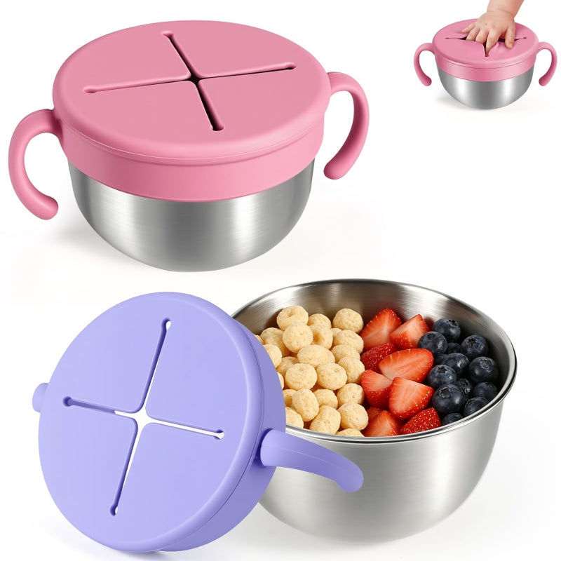URMYWO Snack Cups, 2 Pack Stainless Steel Toddler Snack Containers, Spill-Proof Snack Bowls, Silicone Removable Lids & Handles, Food Storage Containers, Dishwasher Safe Snack Container, Baby Shower Gifts - Image 1