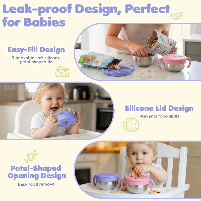 URMYWO Snack Cups, 2 Pack Stainless Steel Toddler Snack Containers, Spill-Proof Snack Bowls, Silicone Removable Lids & Handles, Food Storage Containers, Dishwasher Safe Snack Container, Baby Shower Gifts - Image 3