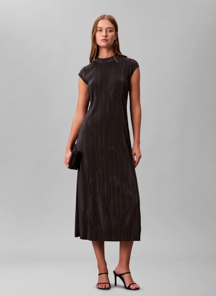 CALVIN KLEIN Pleated Crew Neck Short Sleeve Midi Dress