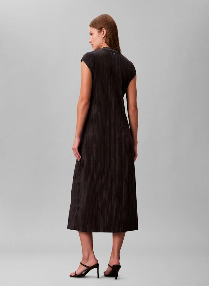 CALVIN KLEIN Pleated Crew Neck Short Sleeve Midi Dress